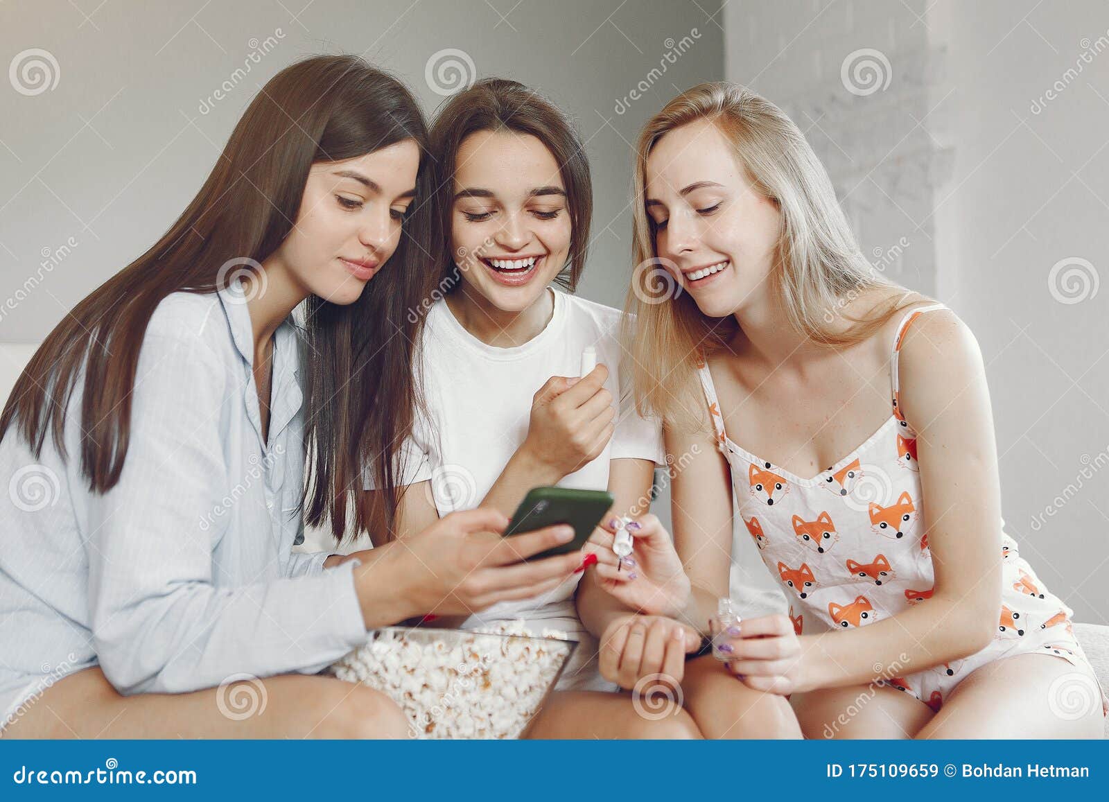 Three Girls Have Pajamas Party at Home Stock Image - Image of party ...