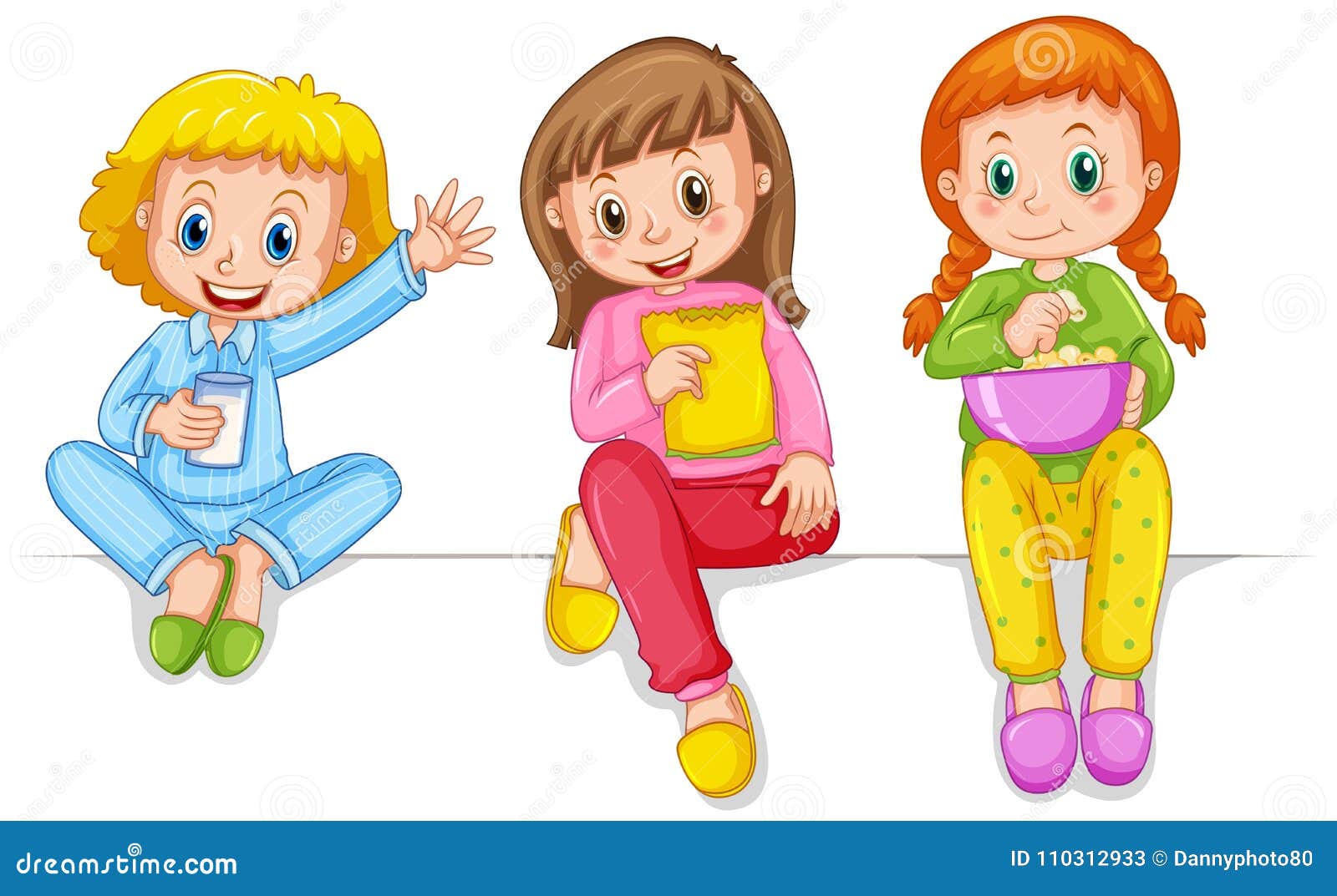 Three Girls in Pajamas Eating Snacks Stock Vector - Illustration of ...