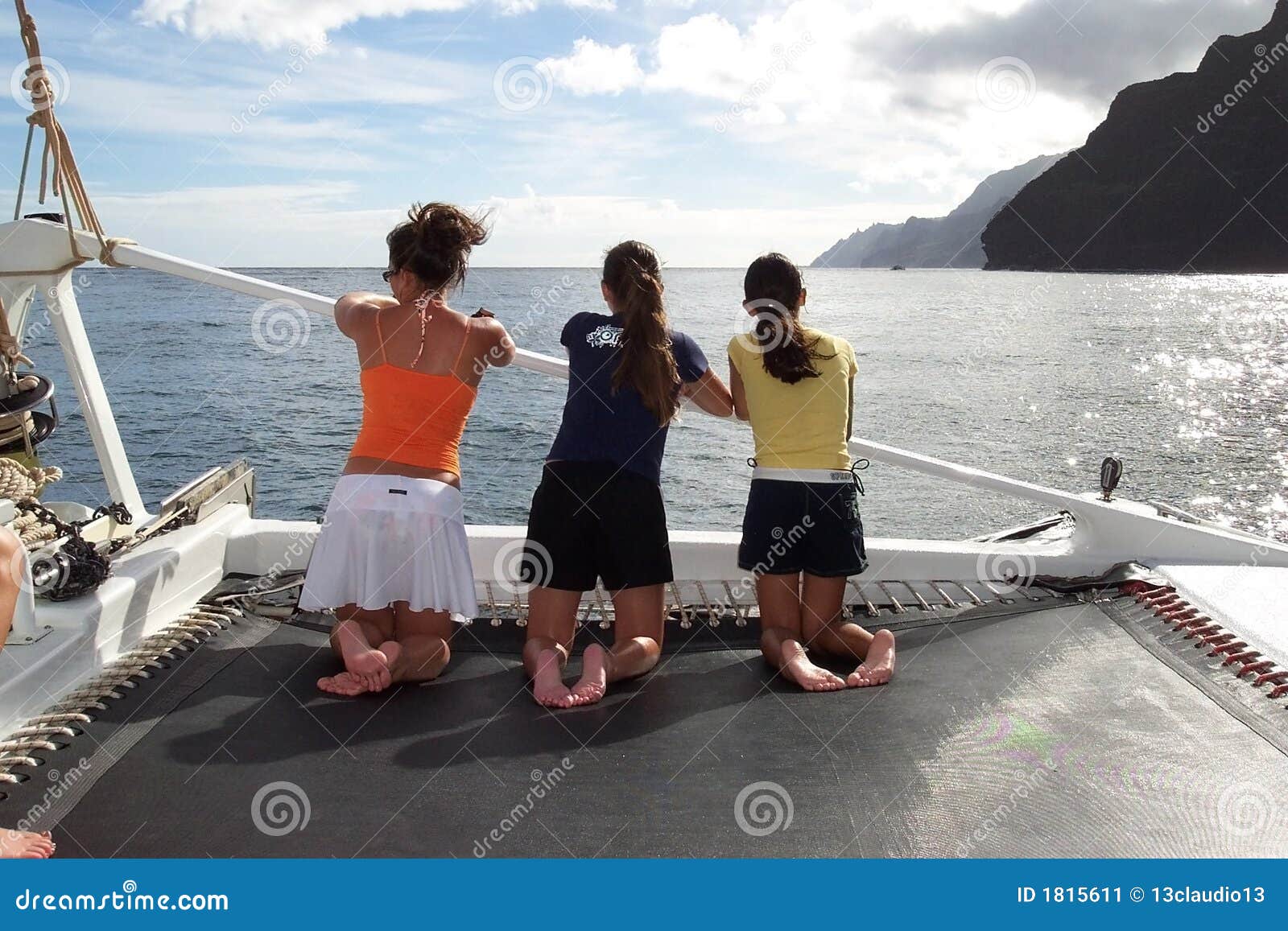 Three Girls on a Sailboat in Kauai Stock Image Image of girl, journey