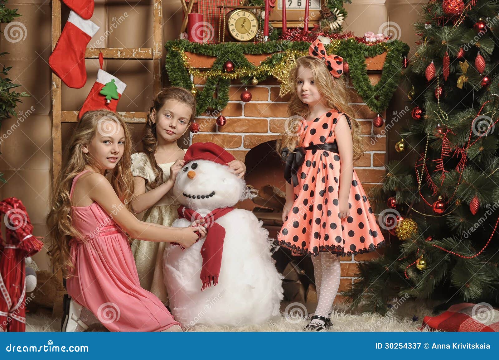 Download Three Cute Girls Waiting For Christmas Stock Image Image of t fireplace
