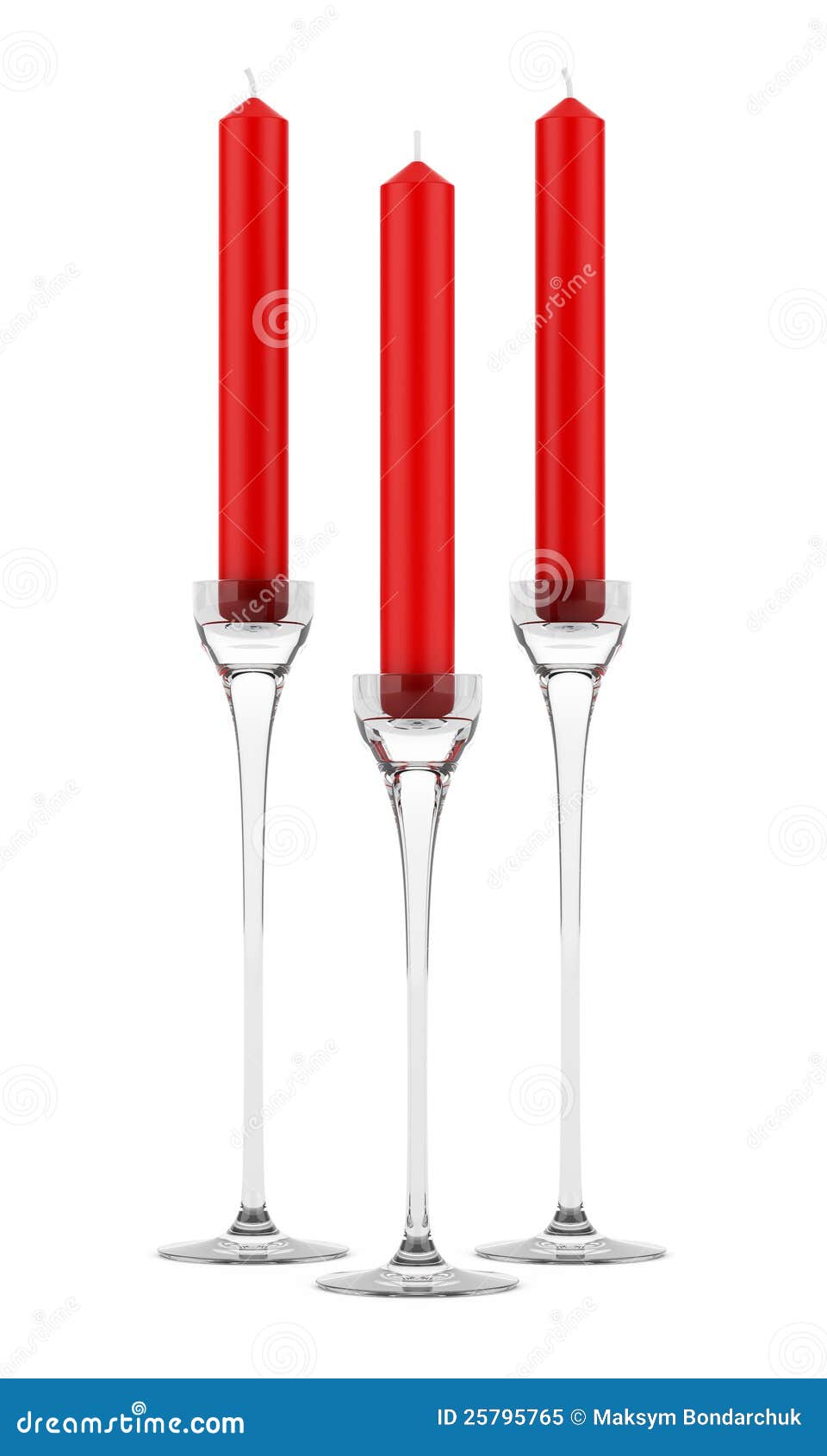 Three Glass Candlesticks with Red Candles Isolated Stock Illustration
