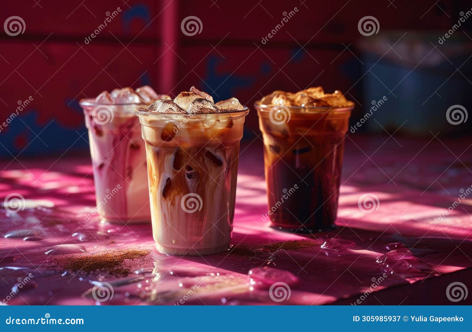 three glasses of coffees in a pink background