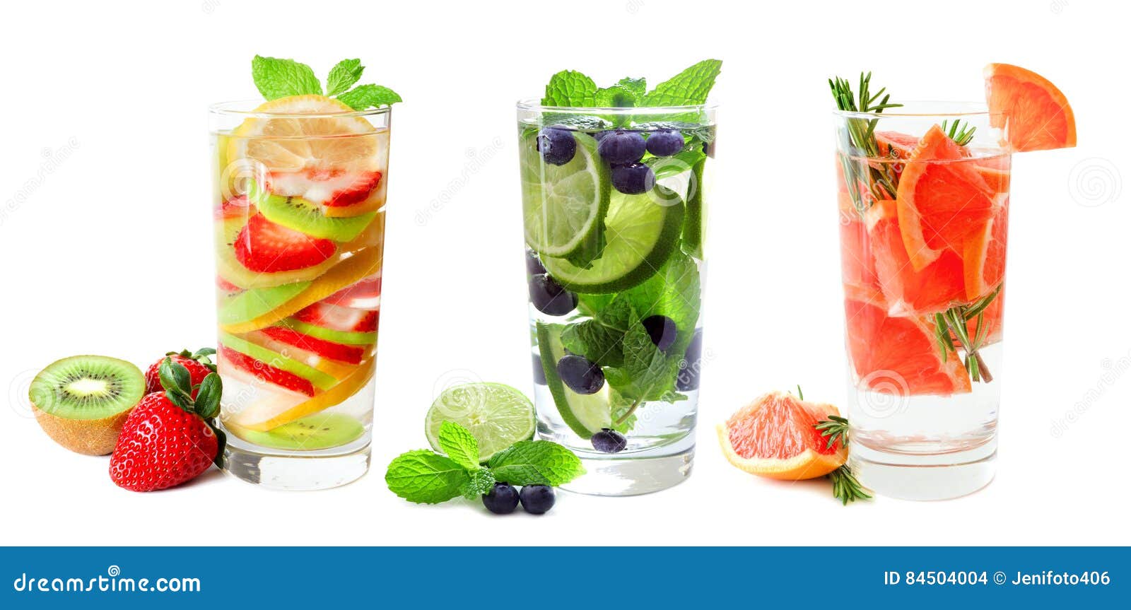 Three Glasses of Fruit Infused Water Isolated on White Stock Photo