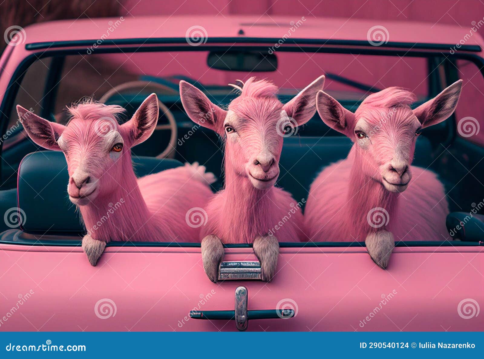 Three Goats Sitting in a Car. AI Generated Stock Photo Image of