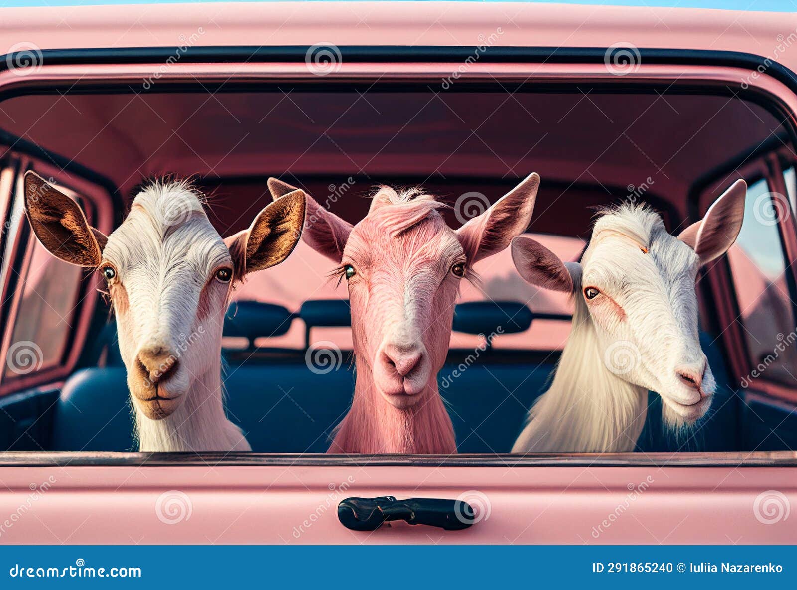 Three Goats Sitting in a Car. AI Generated Stock Photo Image of funny