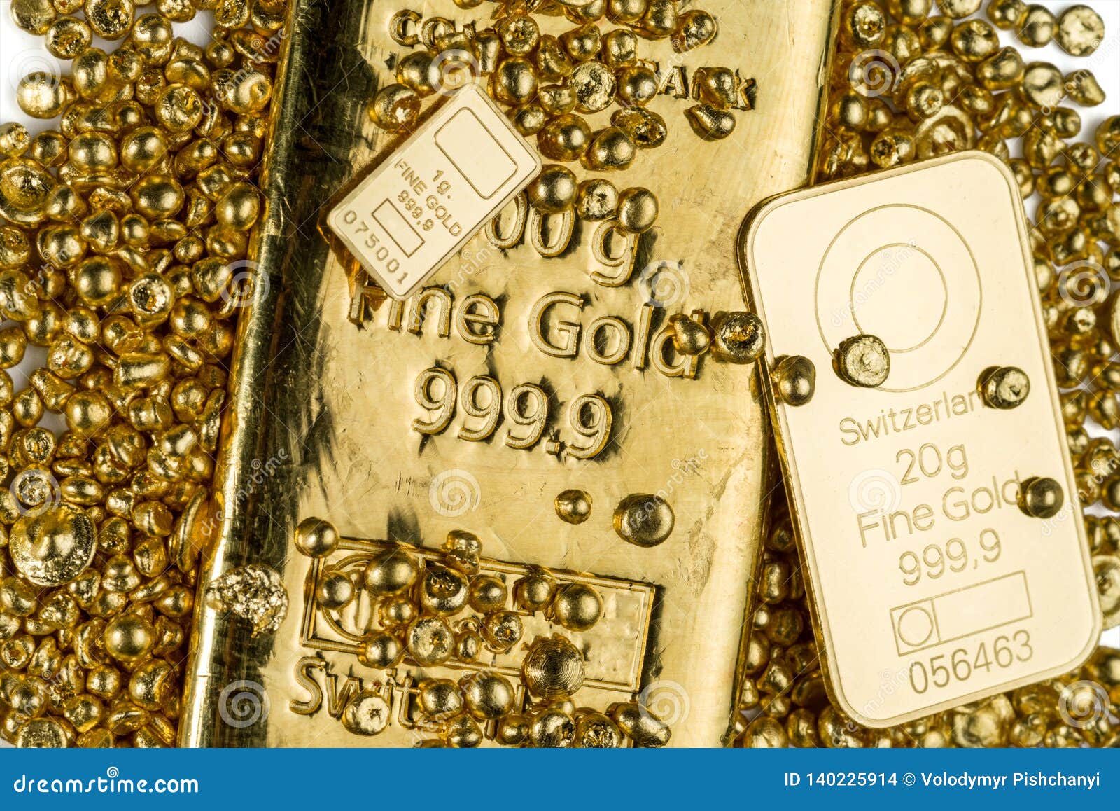 Three Gold Bars Of Different Weights Lie In A Pile Of Gold Granules