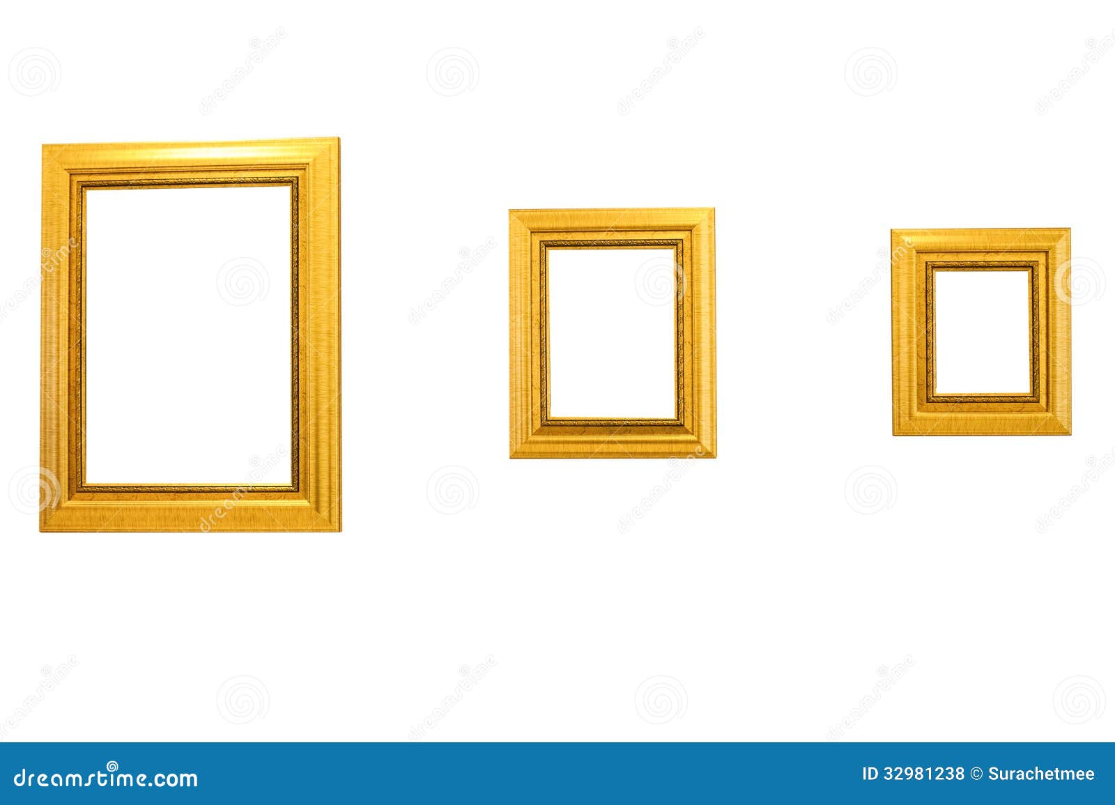 Three gold picture frames stock photo. Image of isolated 32981238