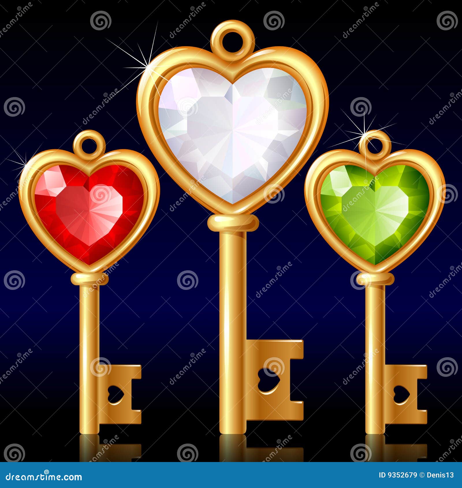 three golden keys with jewel heart