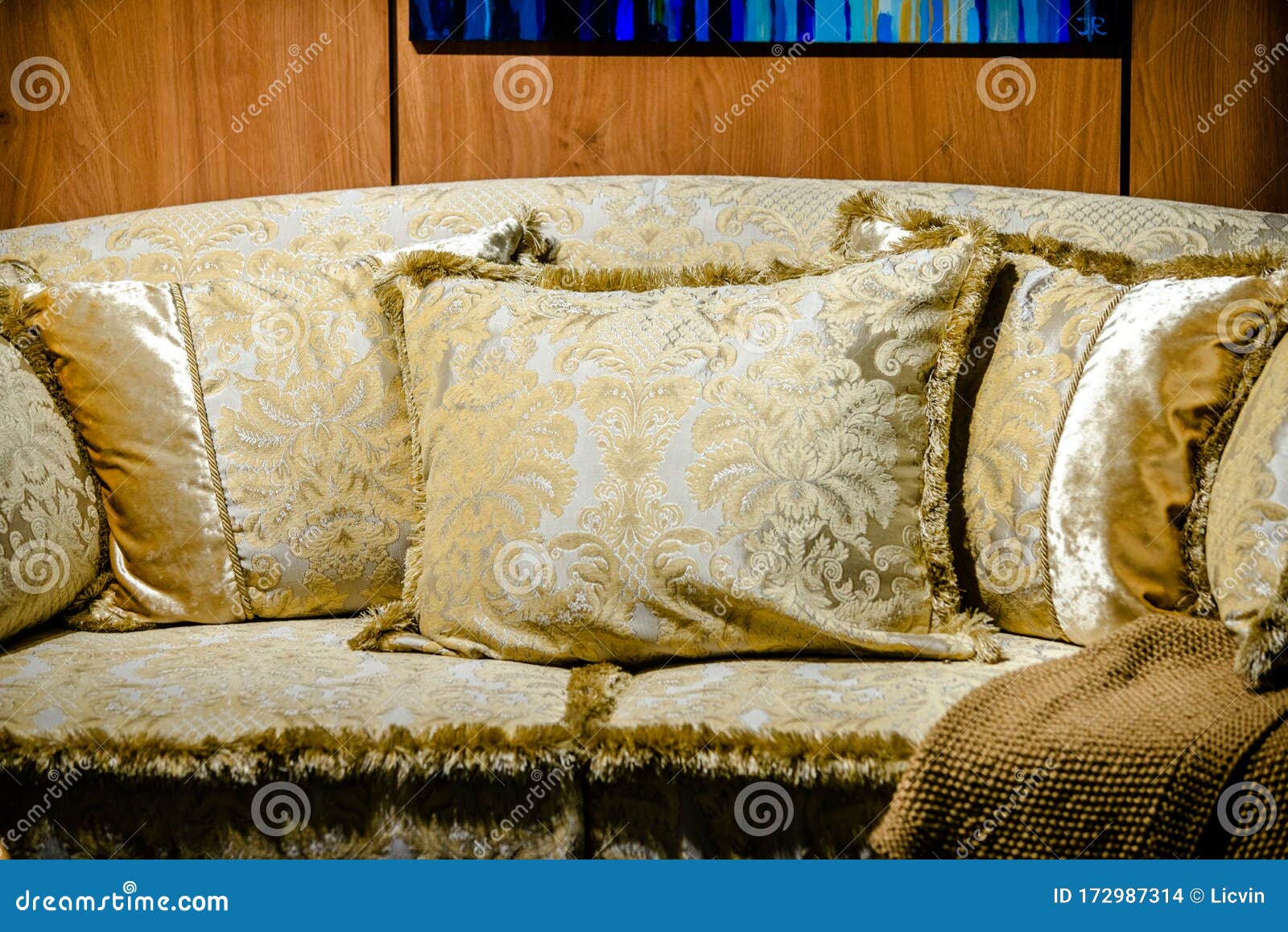 Three Golden pillows stock photo. Image of house, comfortable 172987314