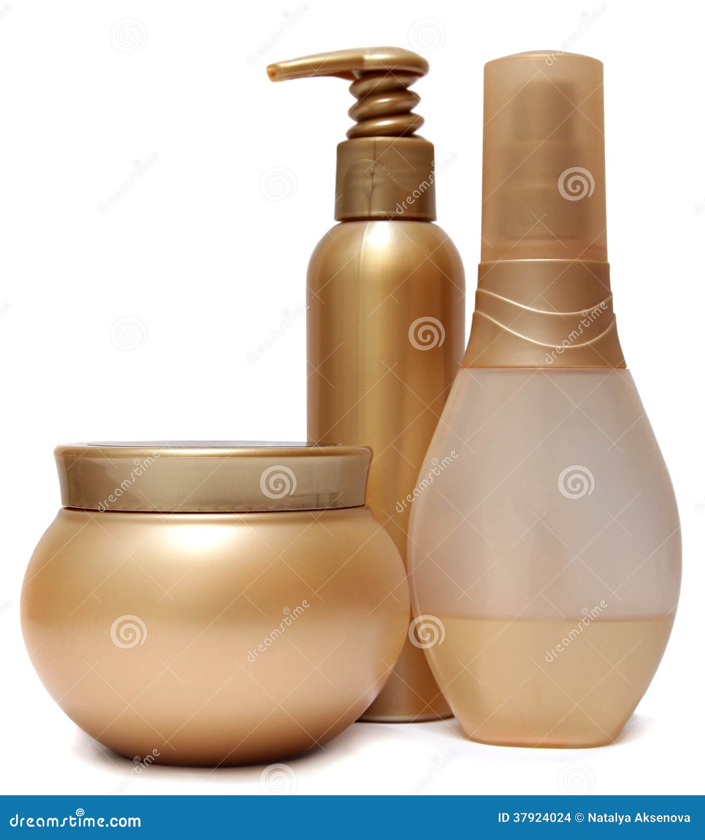 three golden plastic jars and bottles  on