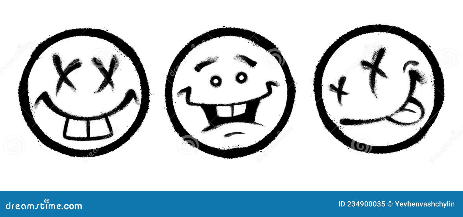 Three Graffiti Emoticons. Smiling Face Painted Spray Paint. Vector