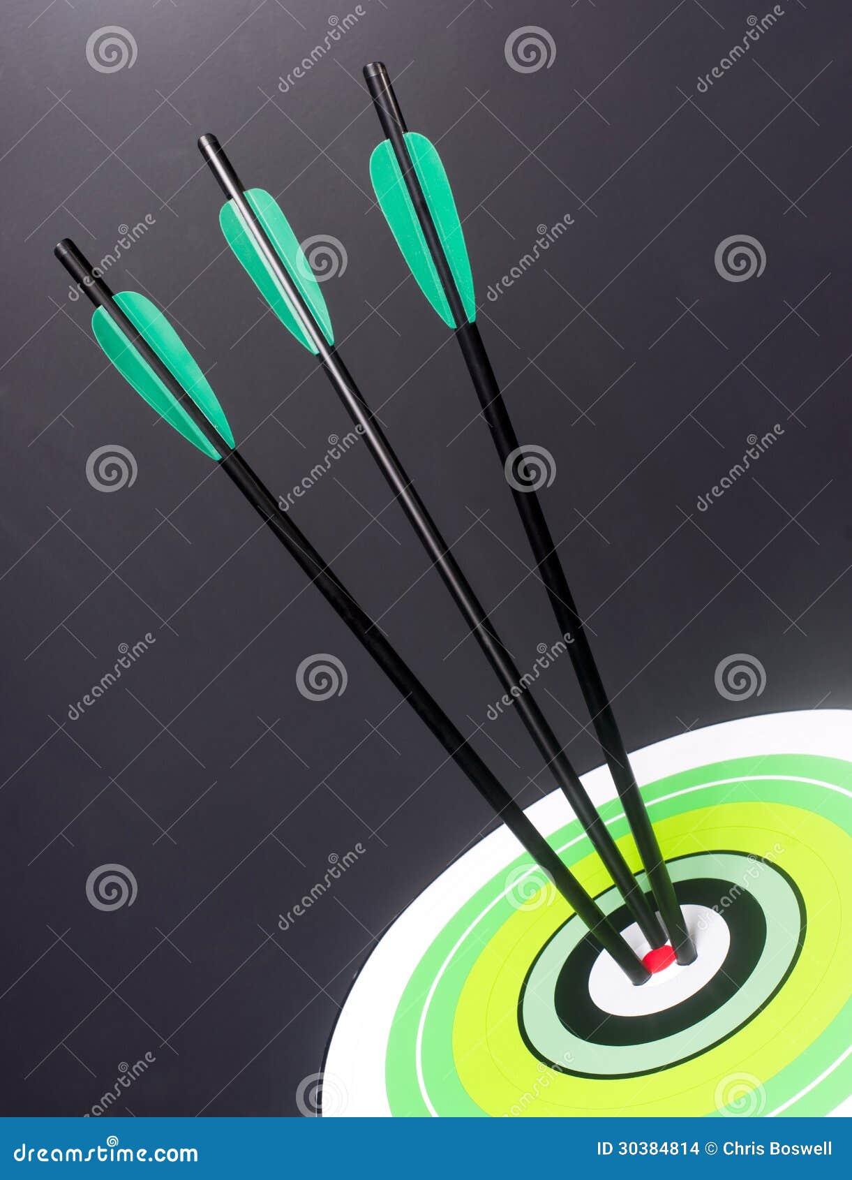 Three Green Black Archery Arrows Hit Round Target Bullseye Center Stock