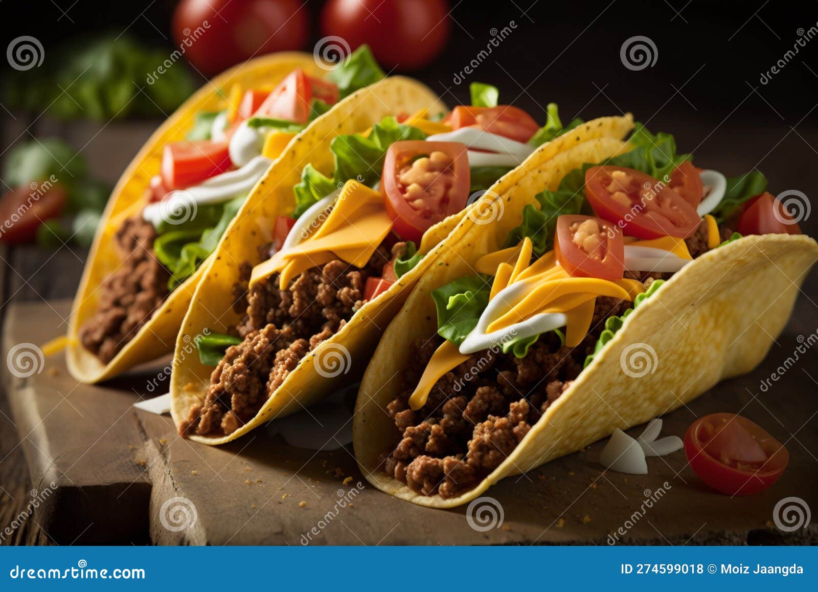 Three Ground Beef Tacos in Crispy Corn Tortilla Shells with Lettuce