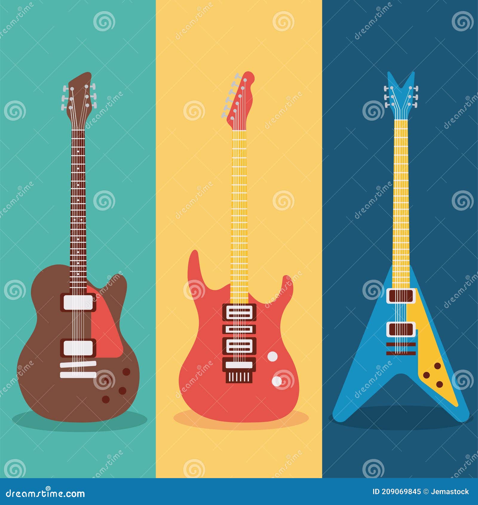 three guitars instruments musicals set icons in colors backgrounds
