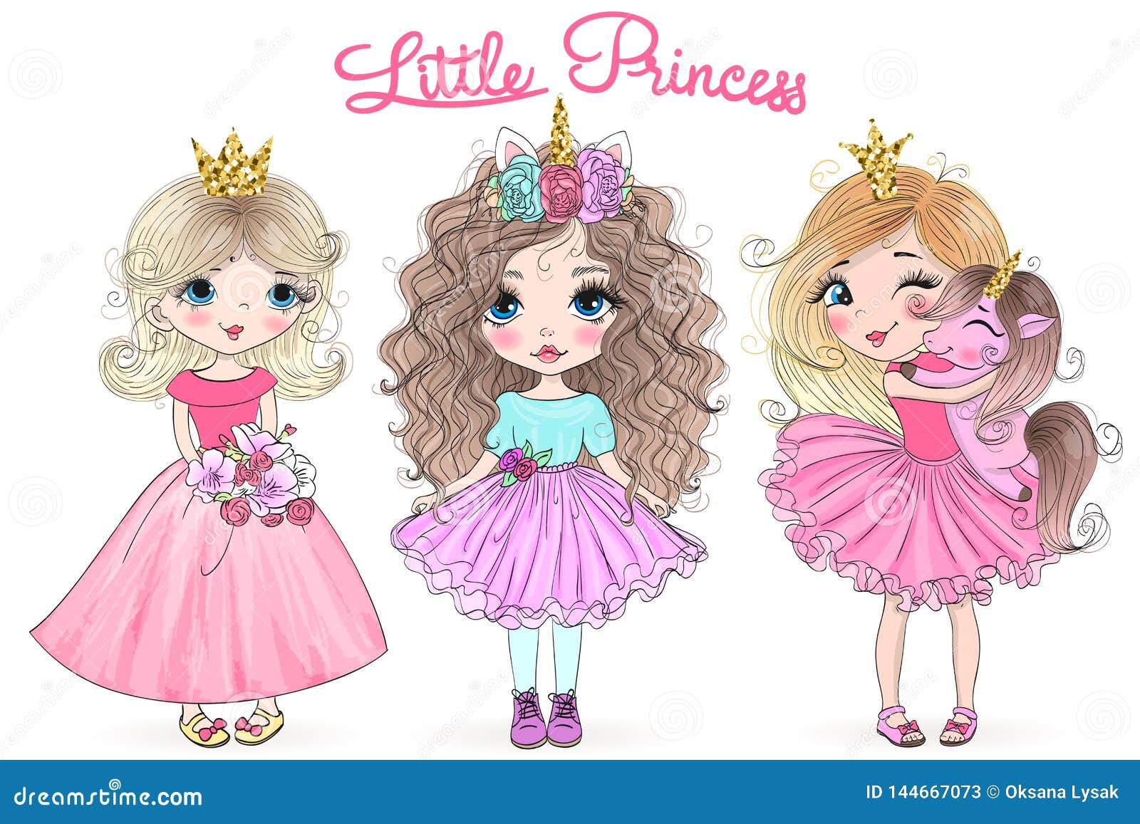 Hand Drawn Beautiful Cute Little Princess Girls With Unicorn