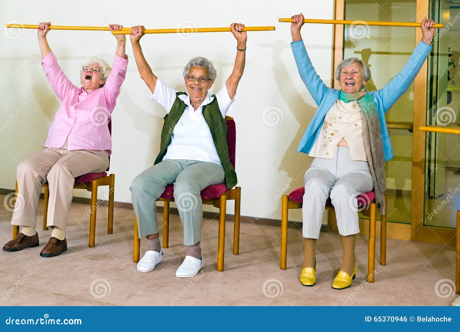 Three Happy Elderly Ladies Doing Exercises Stock Photo Image Of