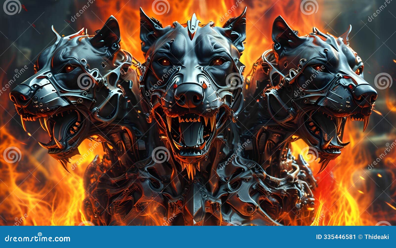 a three-headed metallic wolf, engulfed in flames, snarls with glowing eyes.generative ai