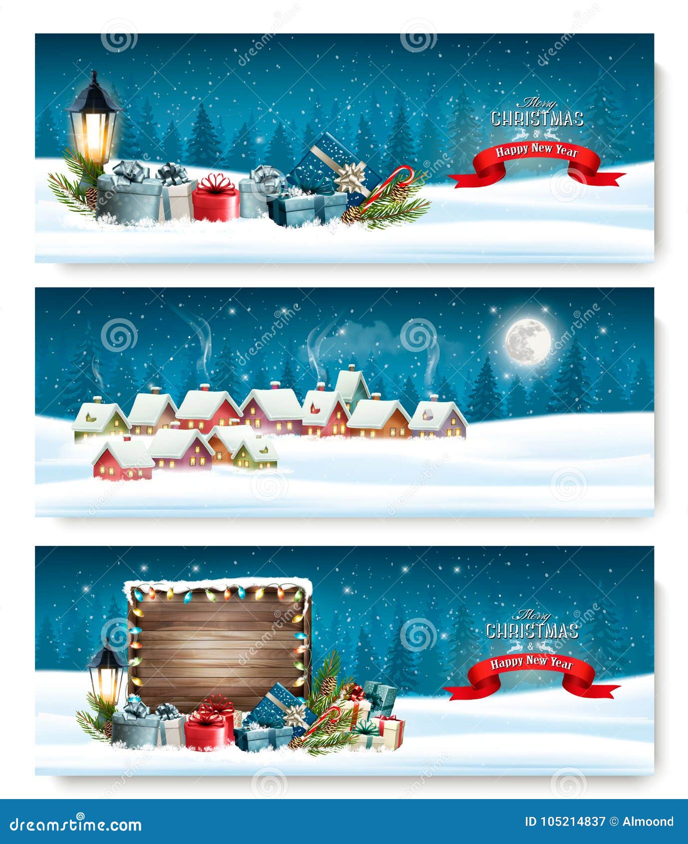 three holiday christmas banners with a winter village
