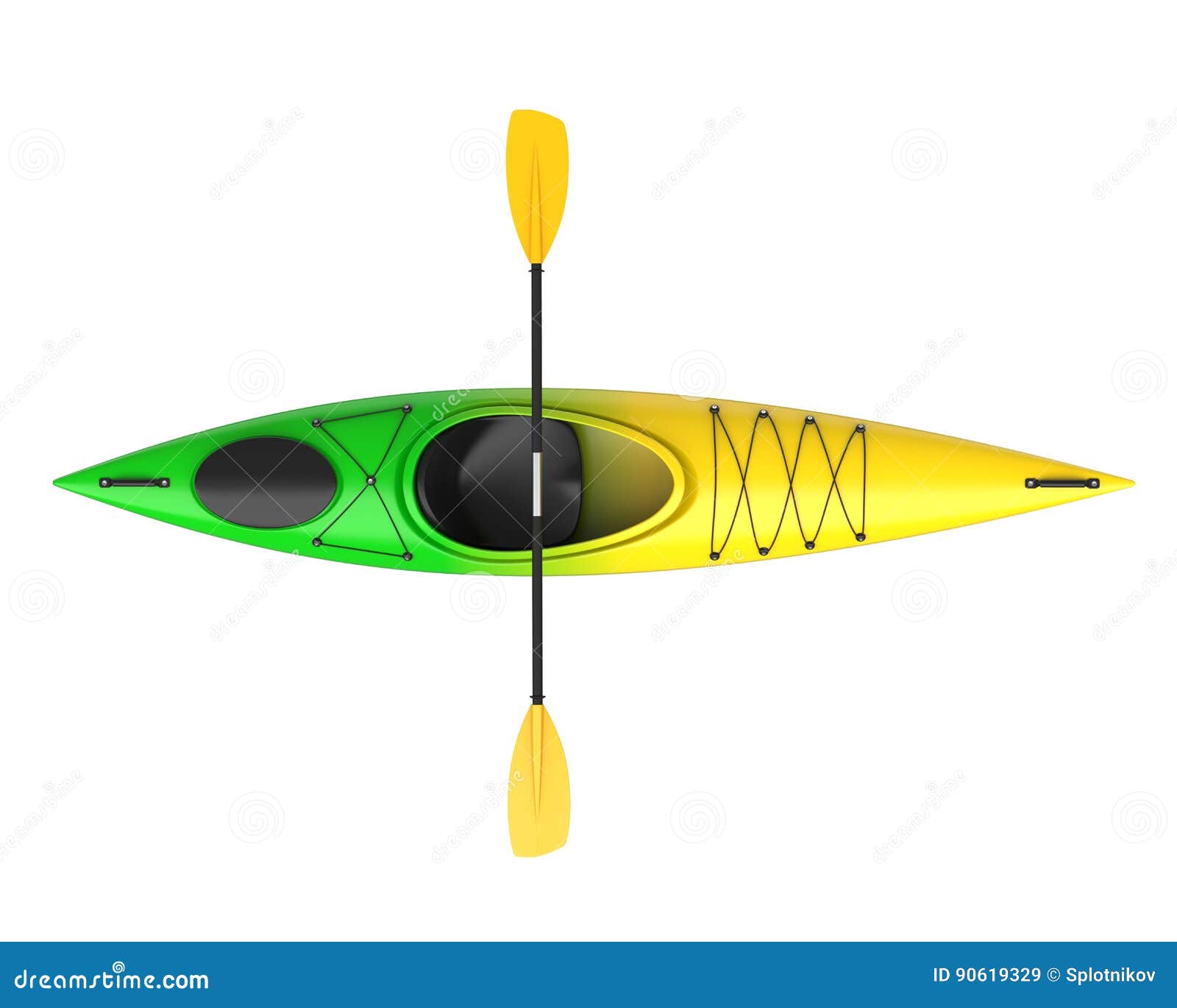three horizontal view of yellow green crossover kayak with paddle. whitewater and river running kayak. 3d render