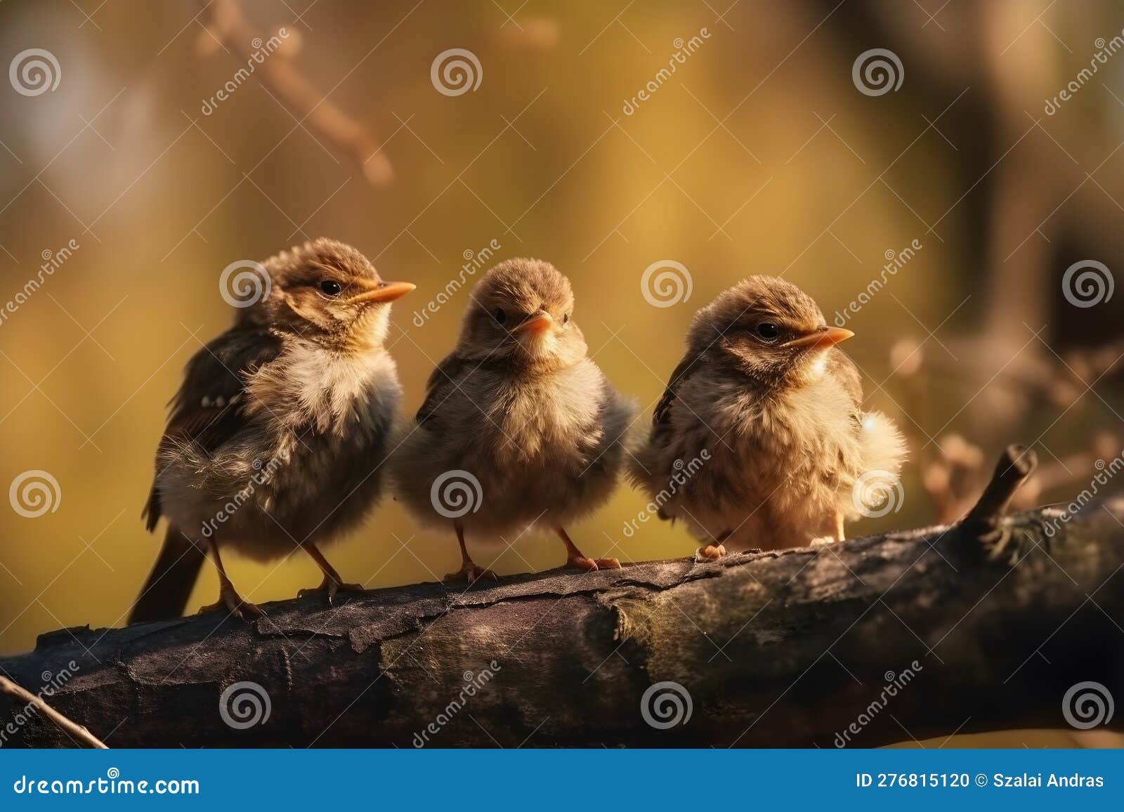 Three Humorous Birds Perch on a Branch. Stock Photo Image of perched