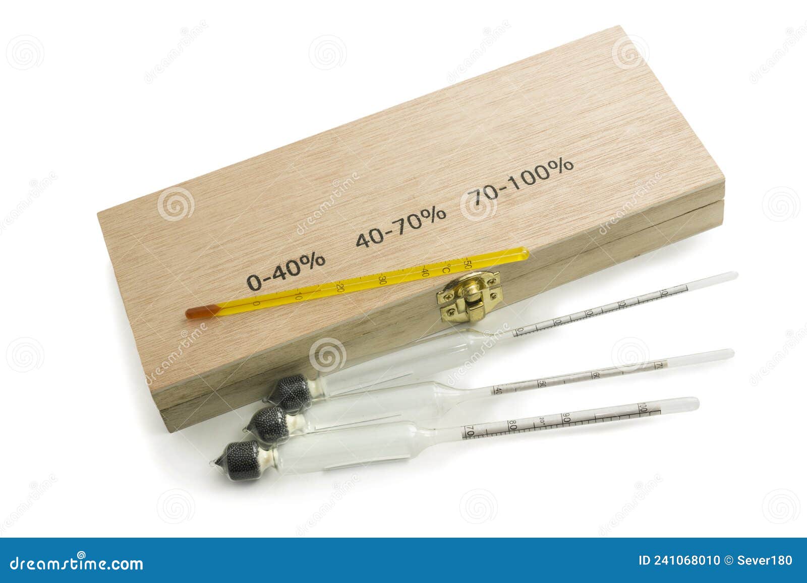 three hydrometers for measuring degree of alcohol and thermometer in white background