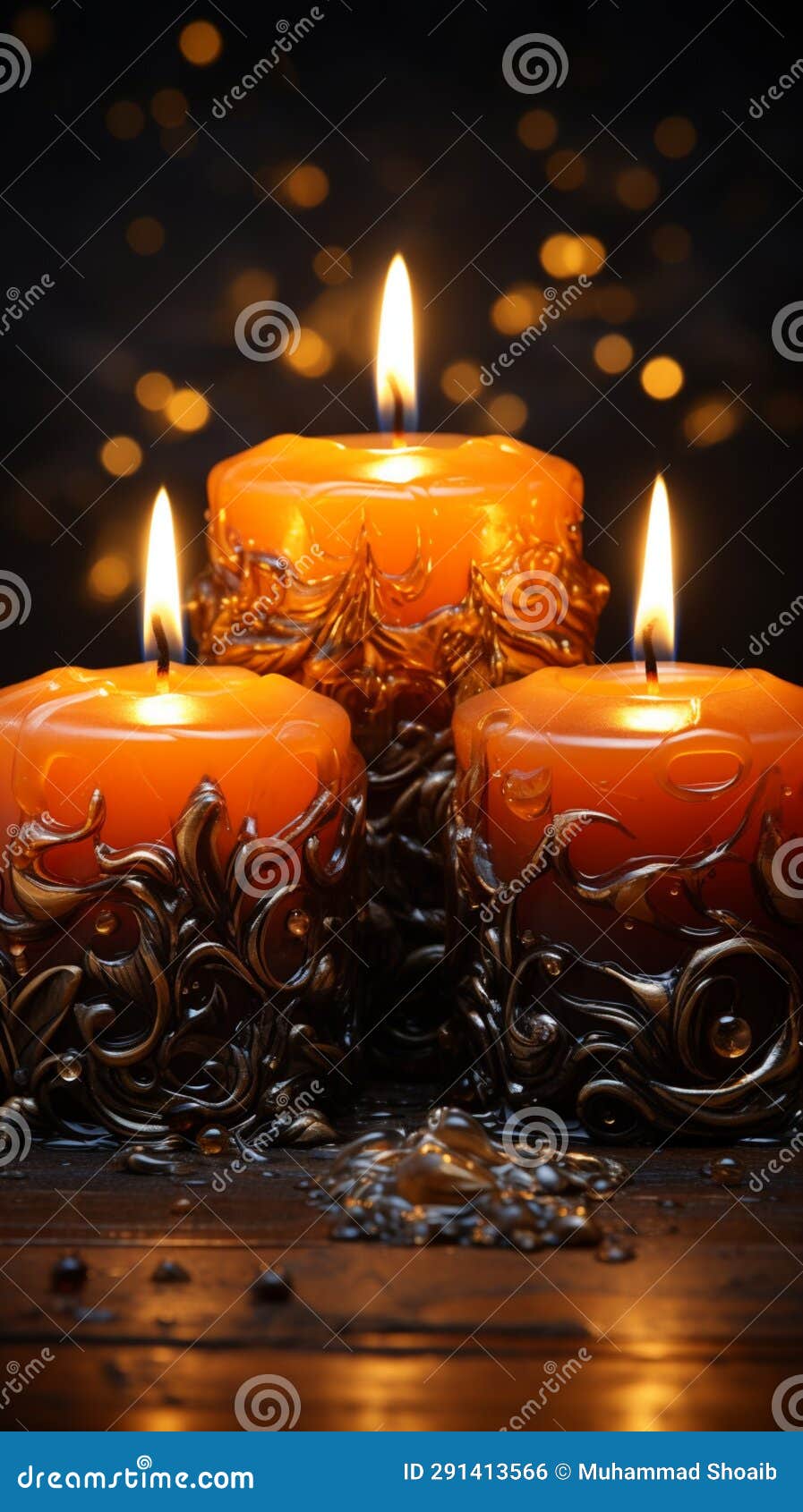 Three Illuminated Candles on a Solitary Black Canvas, Creating Mesmerizing Ambiance Stock 