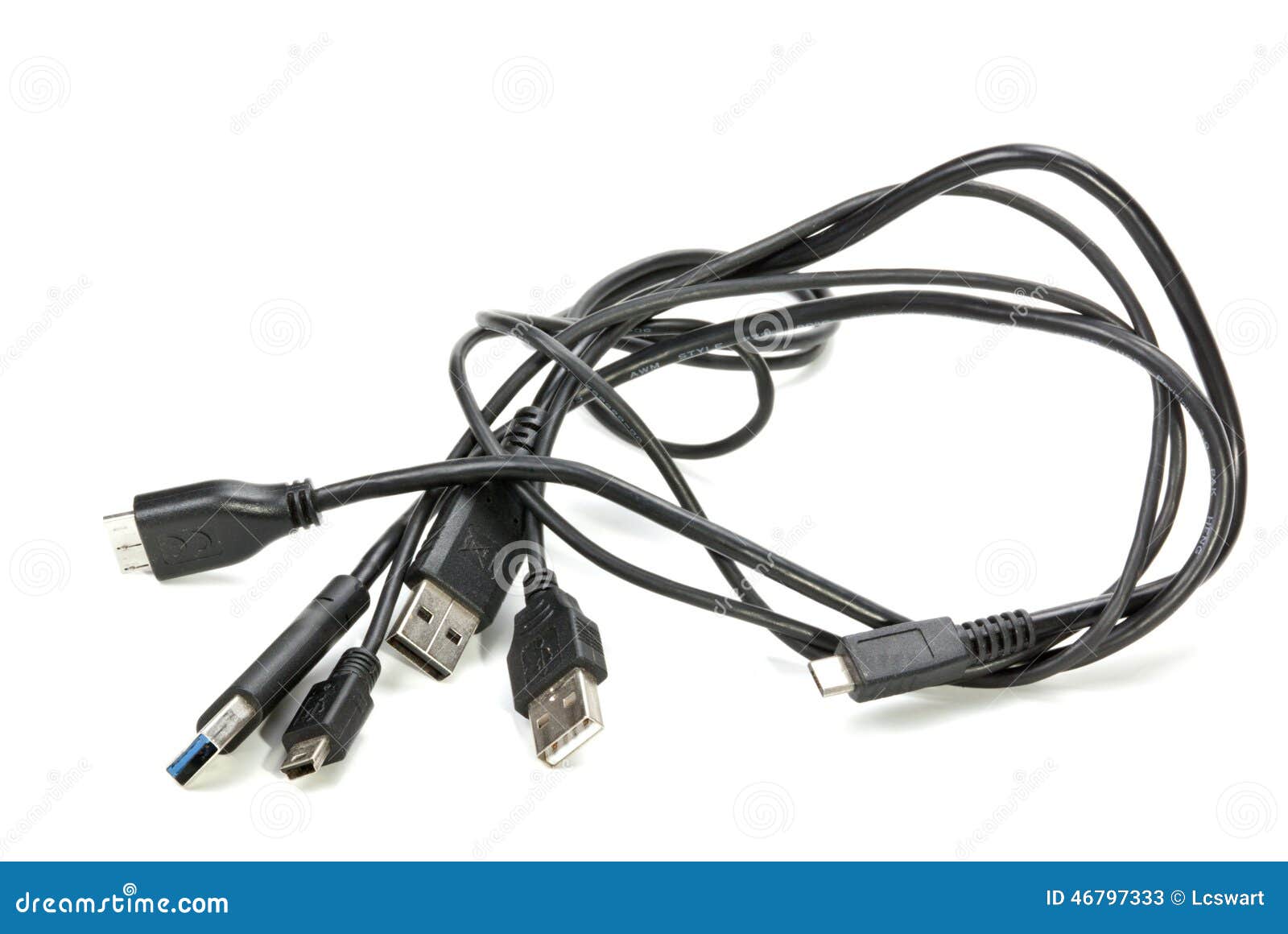 Three Isolated Black Intertwined USB Cables on White Stock Image