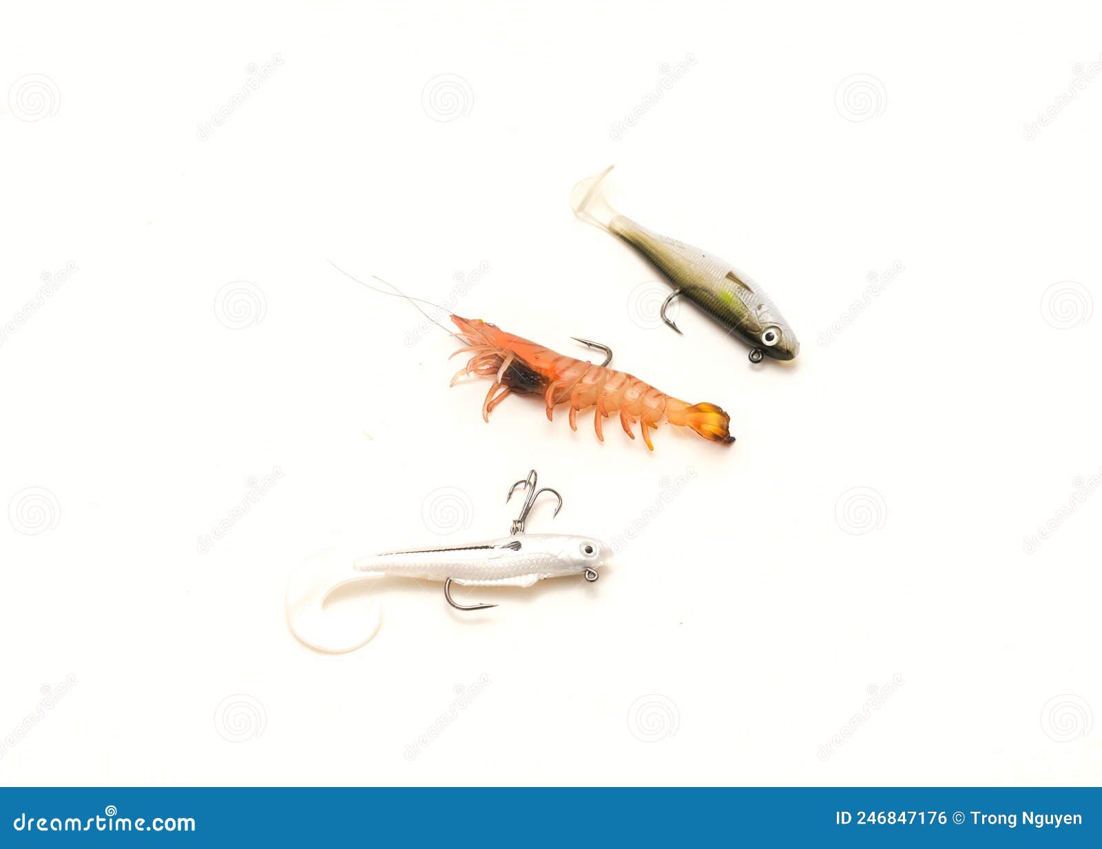 Three Jig Head Soft Swimbait, Paddle Tail and Shrimp Lure Isolated on White  Stock Photo - Image of accessories, lure: 246847176