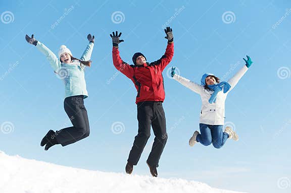 Three Jumping Young People in Winter Stock Photo - Image of pleasure ...