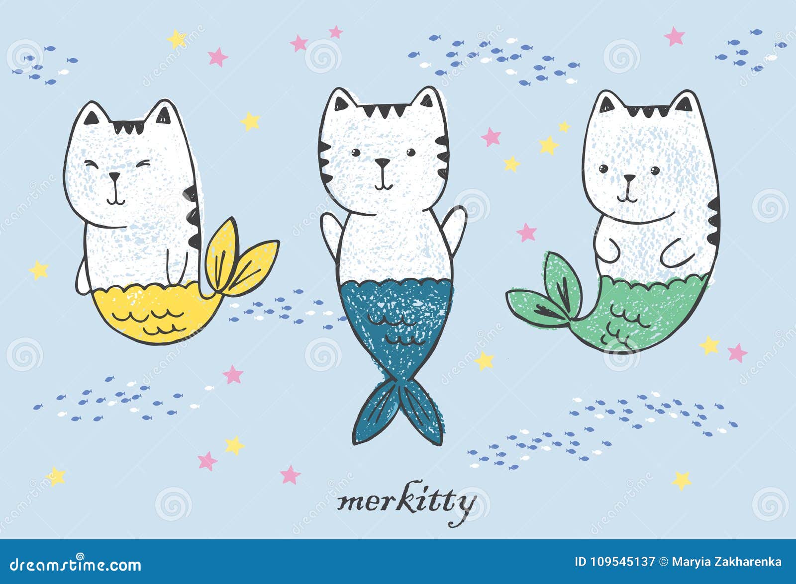 Three Kawaii Anime Cat Mermaids with Fish Tails, Flock of Fishes Drawn with Pen and Colored Crayons Isolated on a Blue Ackground. Stock Vector - Illustration of lake, fantasy: 109545137 Three Kawaii Anime Cat Mermaids with Fish Tails, Flock of Fishes Drawn with Pen and Colored Crayons Isolated on a Blue Ackground. Stock Vector - Illustration of lake, fantasy: 109545137
