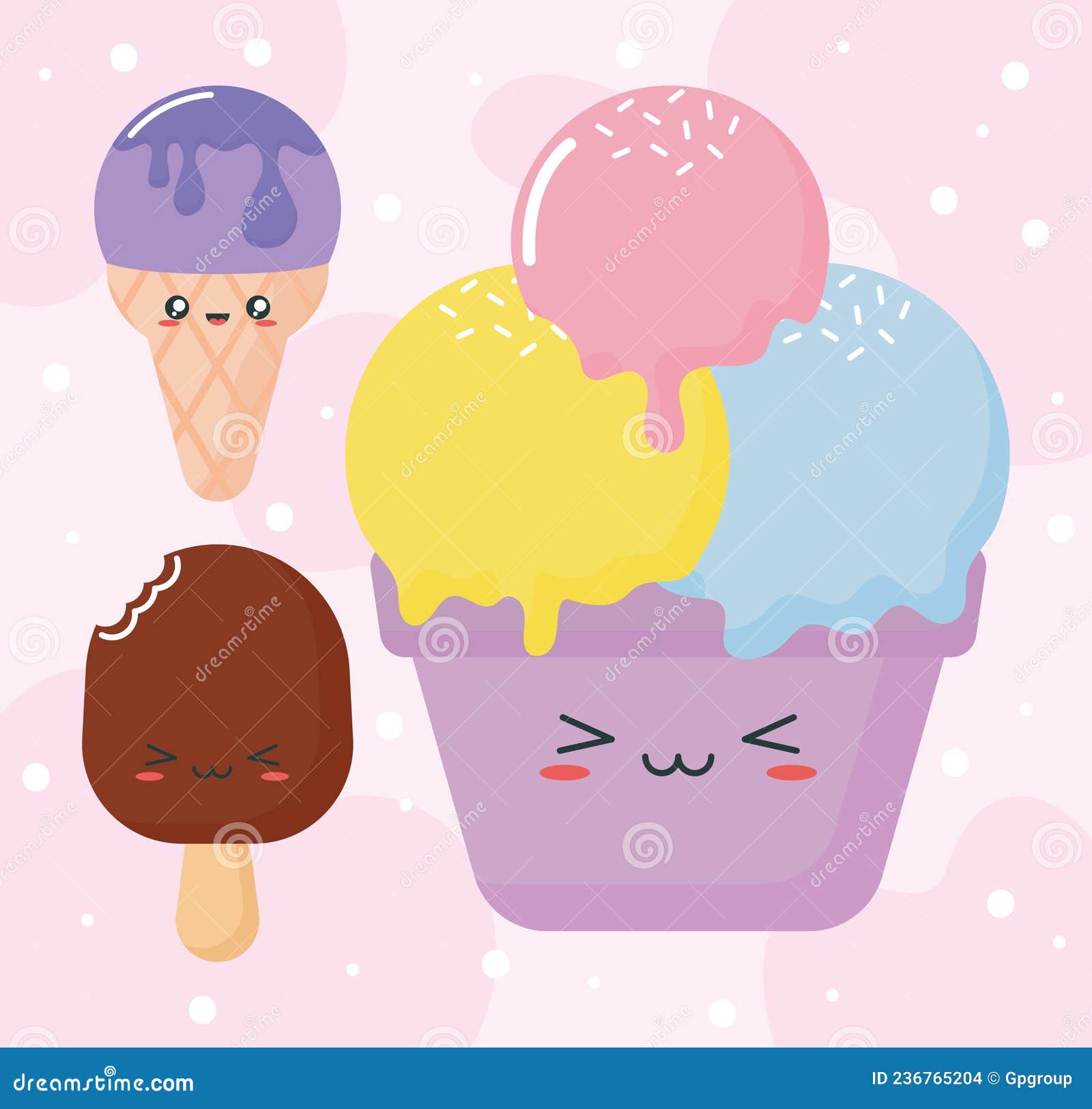 Three kawaii ice creams stock vector. Illustration of design 236765204