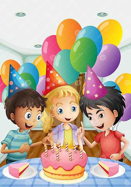 Three Kids Celebrating a Birthday Stock Vector - Illustration of ...