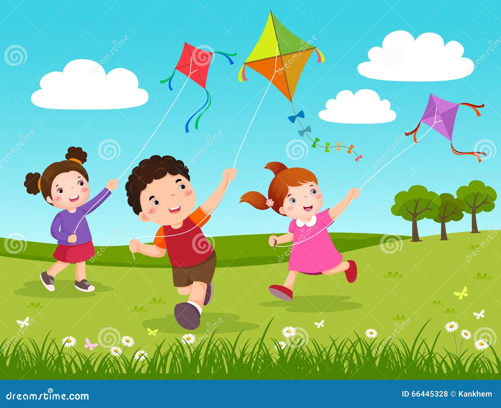 three kids flying kites in the park