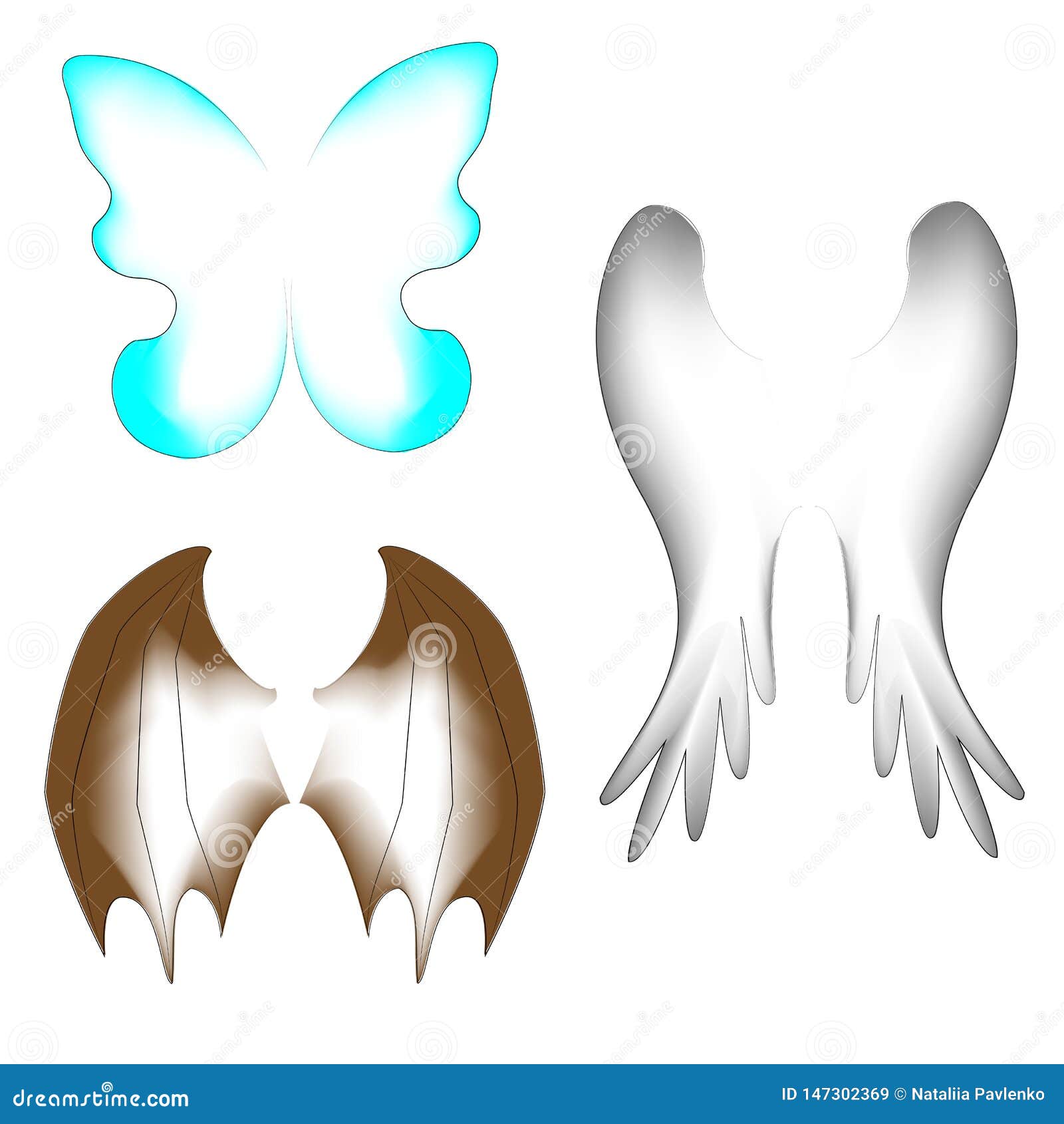 three kinds of wings. wings of a butterfly, a bird, a dragon. suitable for a fairy-tale costume, for creating a fantastic image.