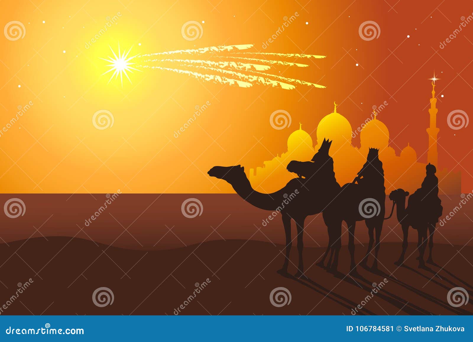 three kings ride camels from oriental countries