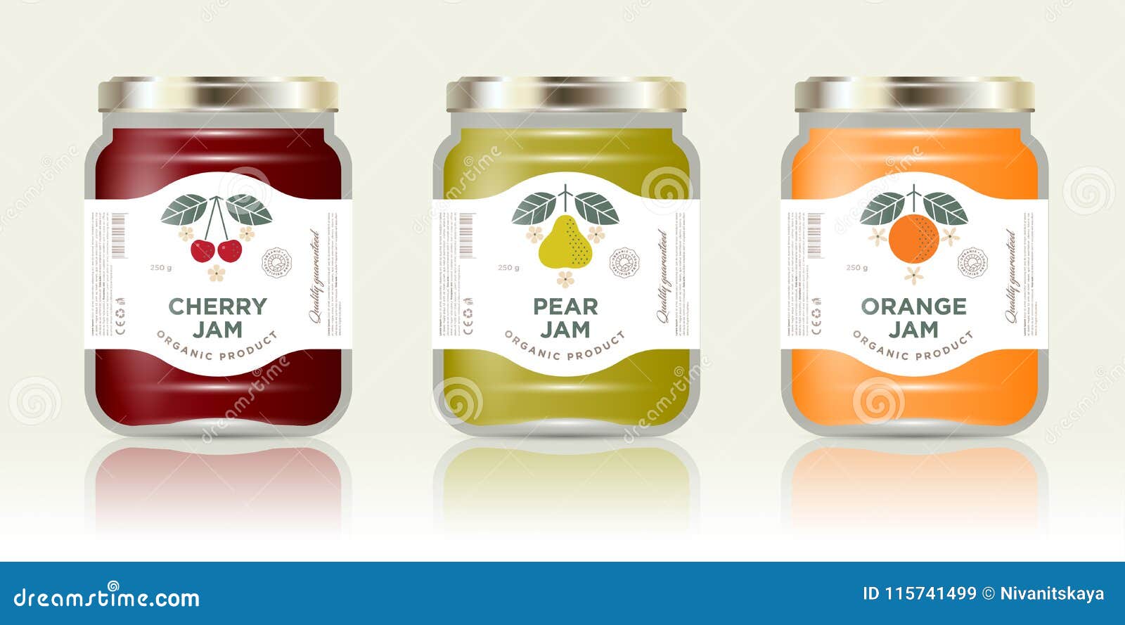 Three Labels Fruit Jam. Cherry, Pear, Orange Jam Labels and Packages