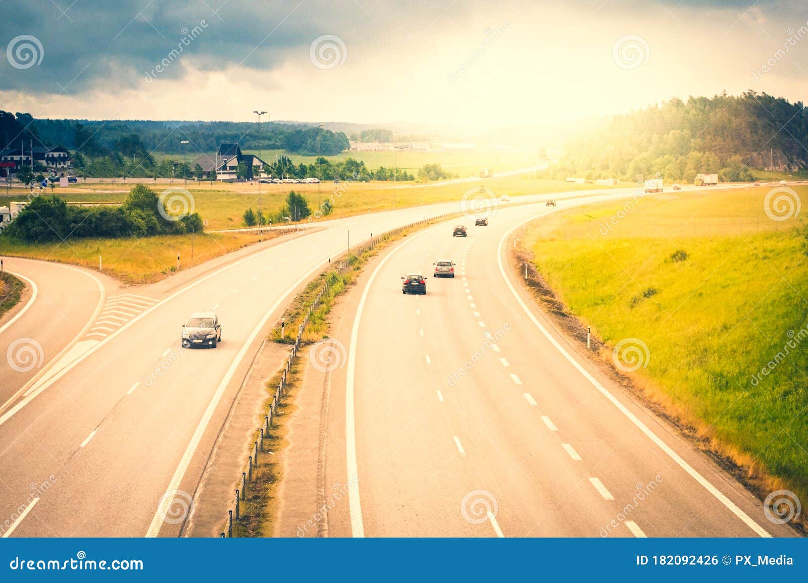 Threelane Highway, Sky, View from the Above Stock Photo Image of