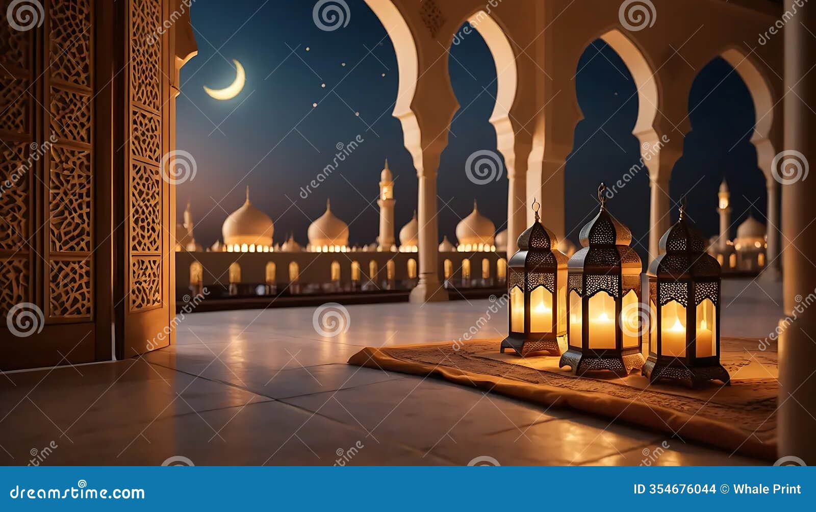 illuminated ramadan lanterns mosque night scene warm glow