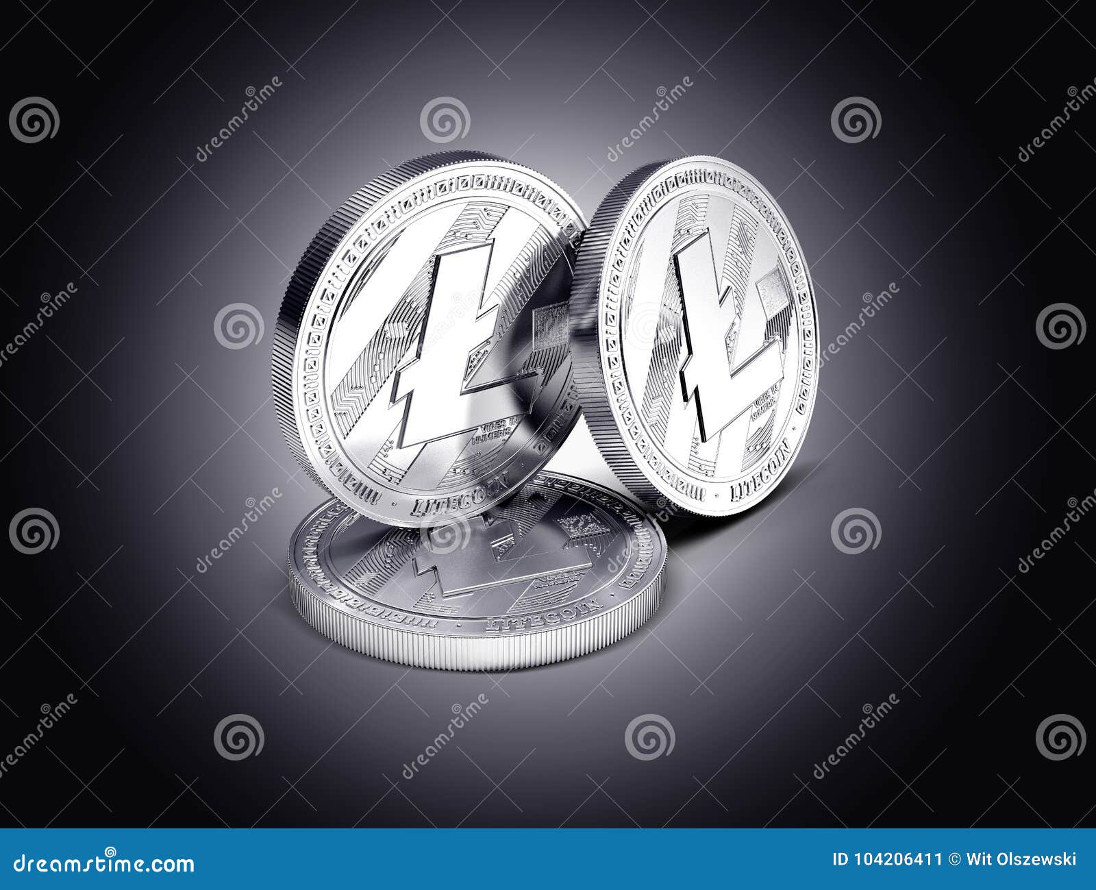 three litecoin physical concept coins displayed on gently lit dark background.
