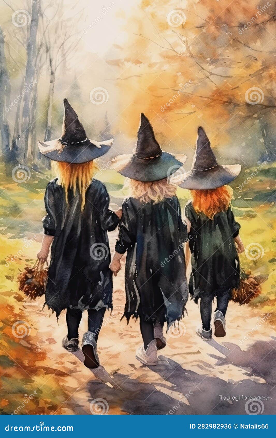 Three Little Girls in Black Costumes for Halloween Going in Autumn Park ...