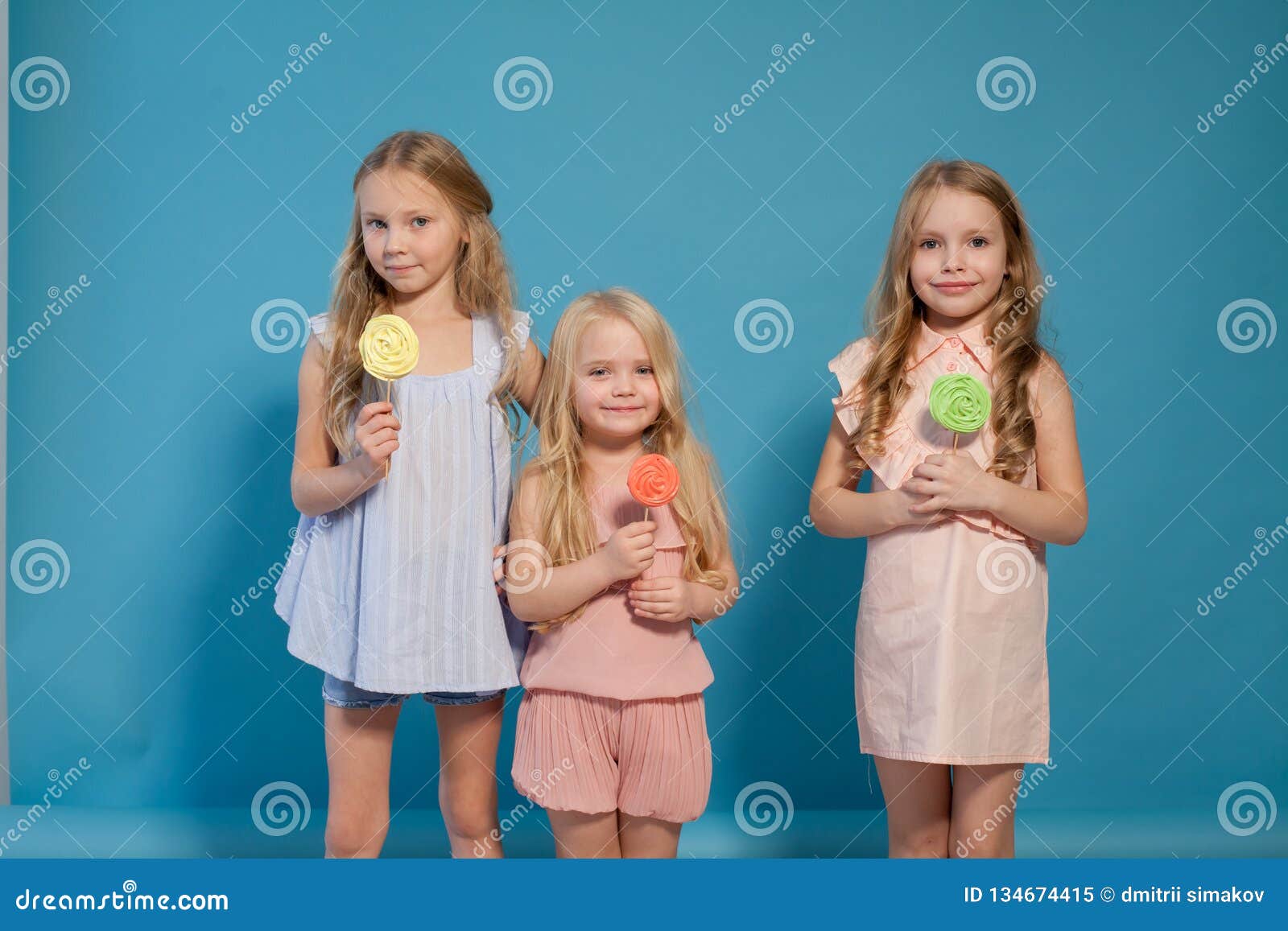 Eat Sweet Candy Lollipop Three Little Girls Blonde Stock Image Image
