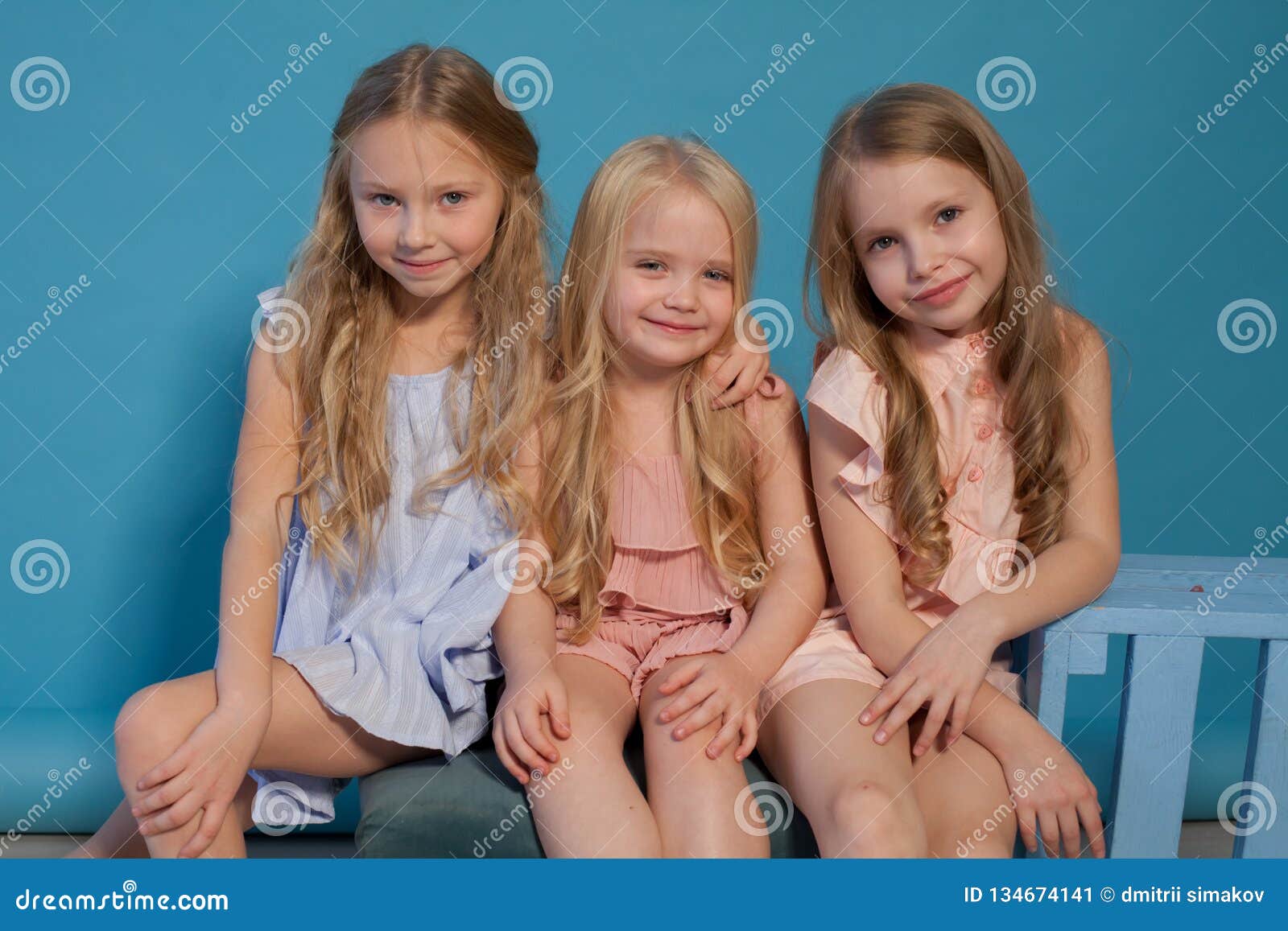 Three Little Girls Blonde Sisters Girlfriend Fashion Portrait Stock ...