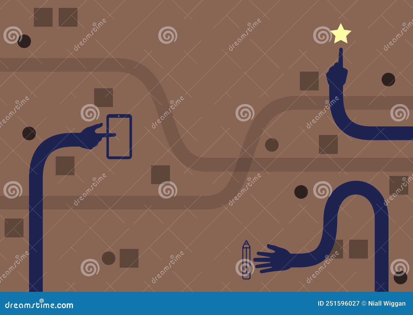 Three Long Hands Drawing Arms Pointing Fingers Touching Mobile Device