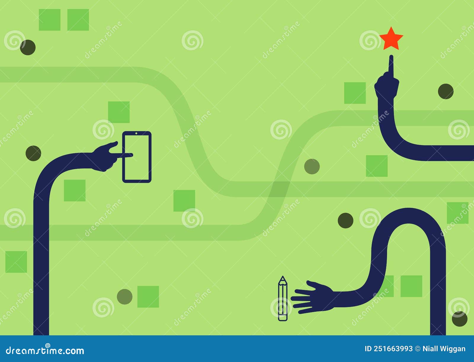 Three Long Hands Drawing Arms Pointing Fingers Touching Mobile Device