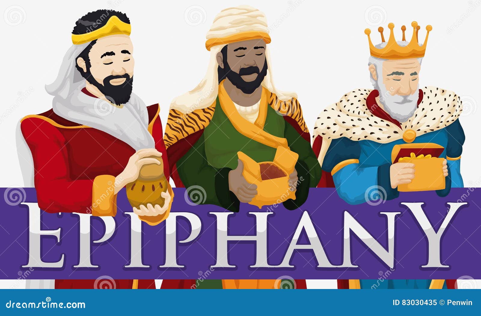 the three magi holding their gifts to celebrate the epiphany,  