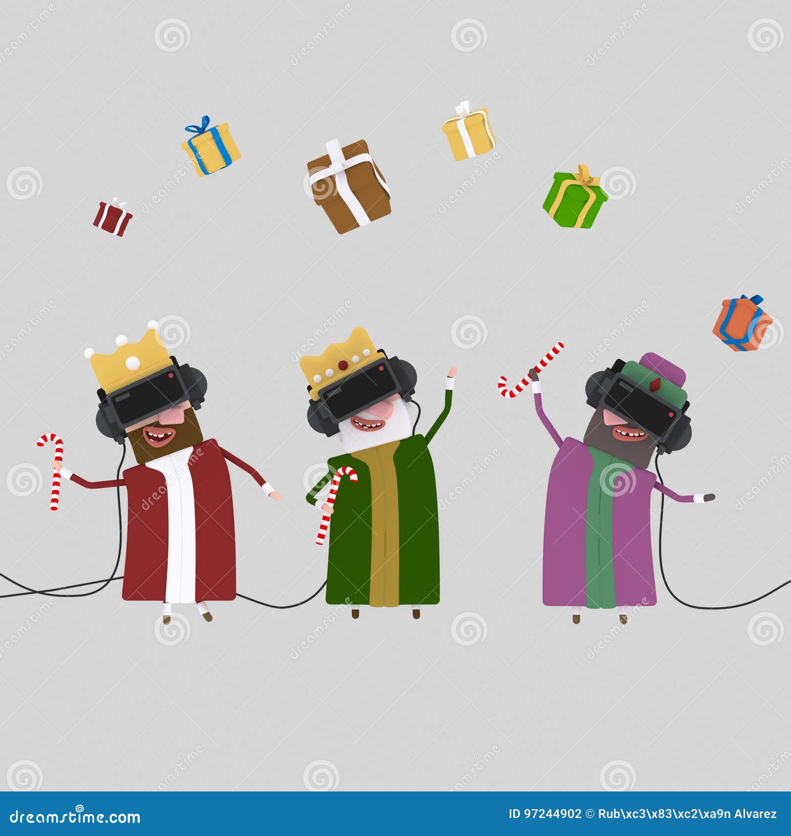 three magic kings playing with virtual realily glasses. 3d