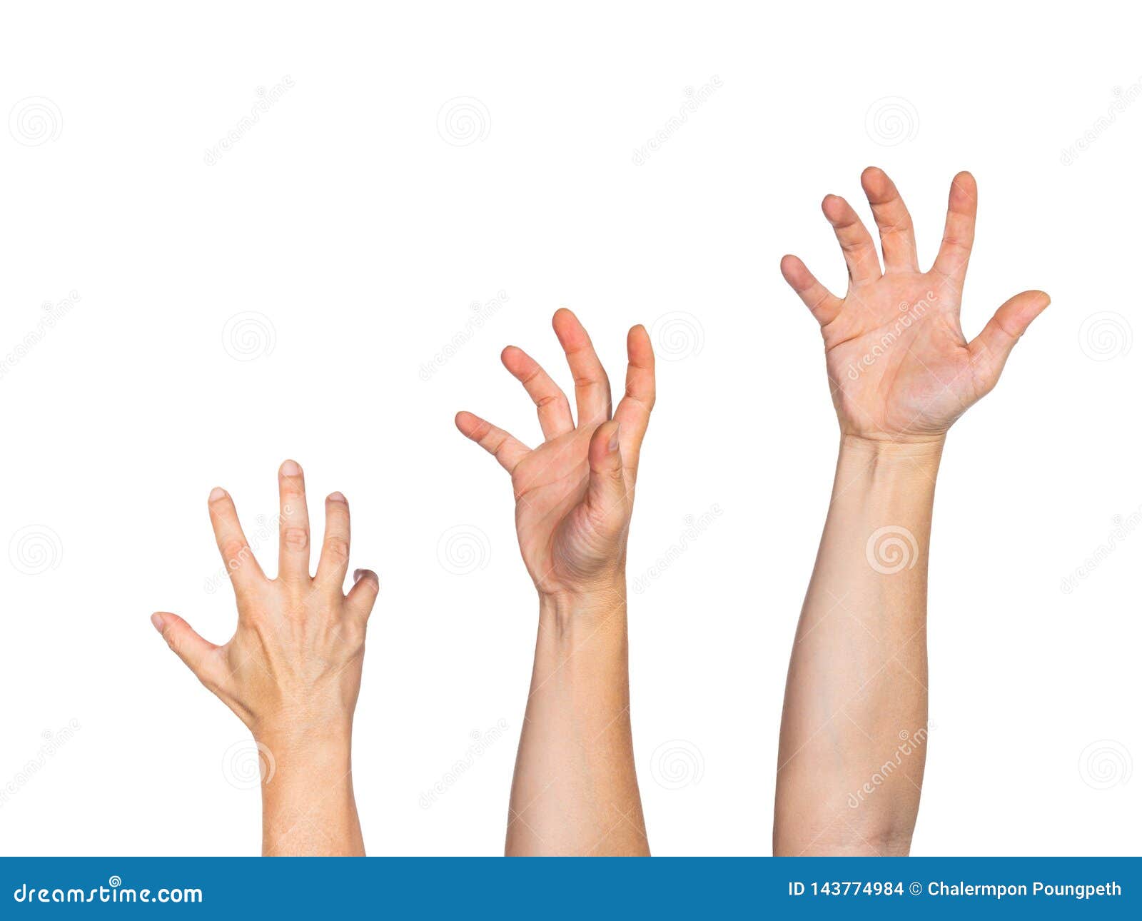 Three Male Hands Fully Stretched Reaching Out To Grab Something, White