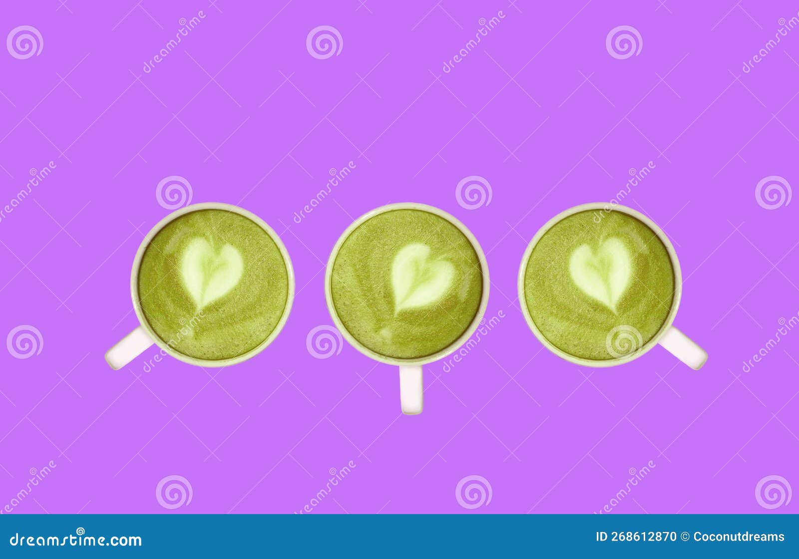 three of matcha green tea with heart d latte art rowed up on purple background