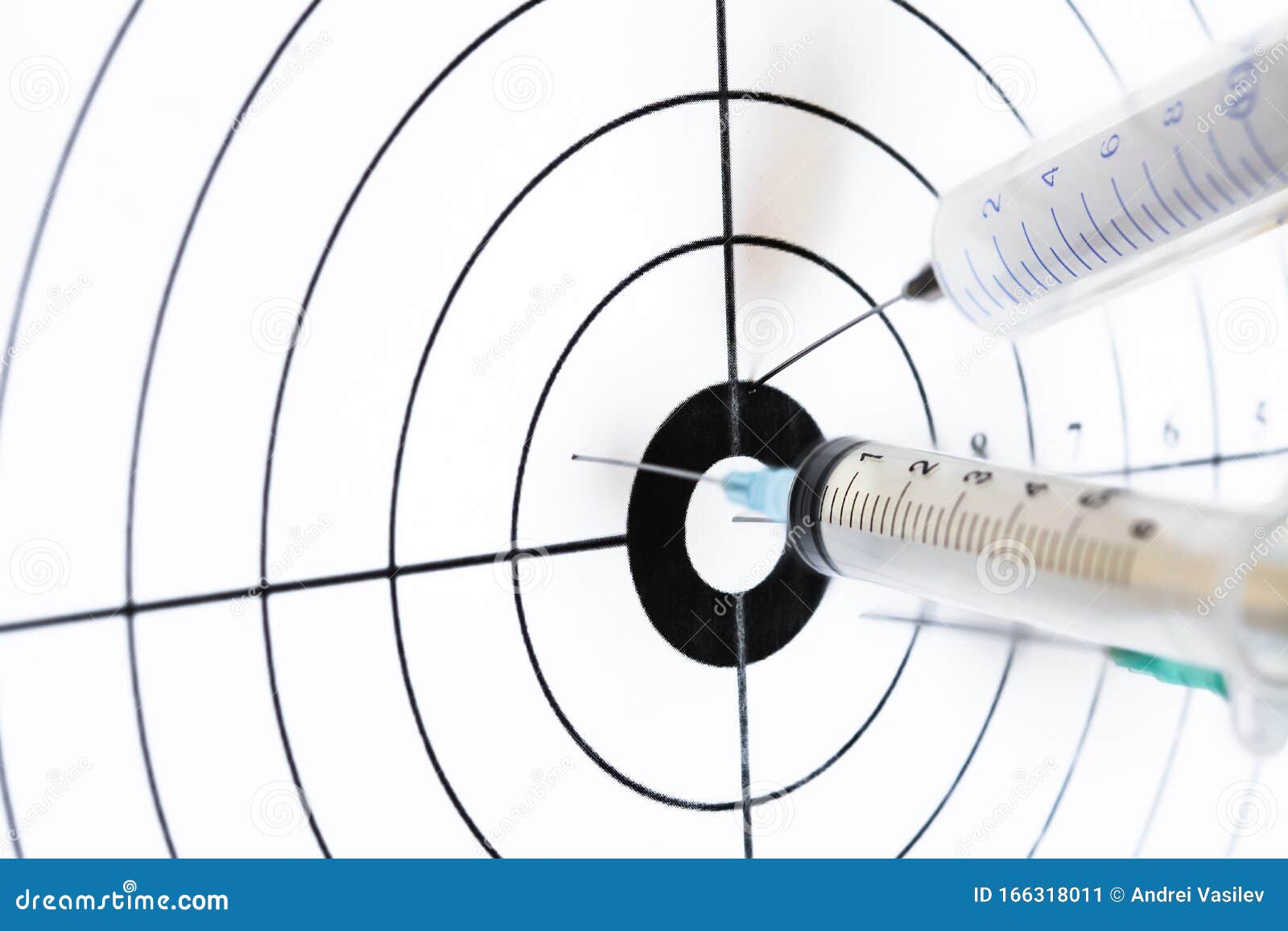 Three Medical Syringe Hit the Center of Rifle Target, Humor Concept of