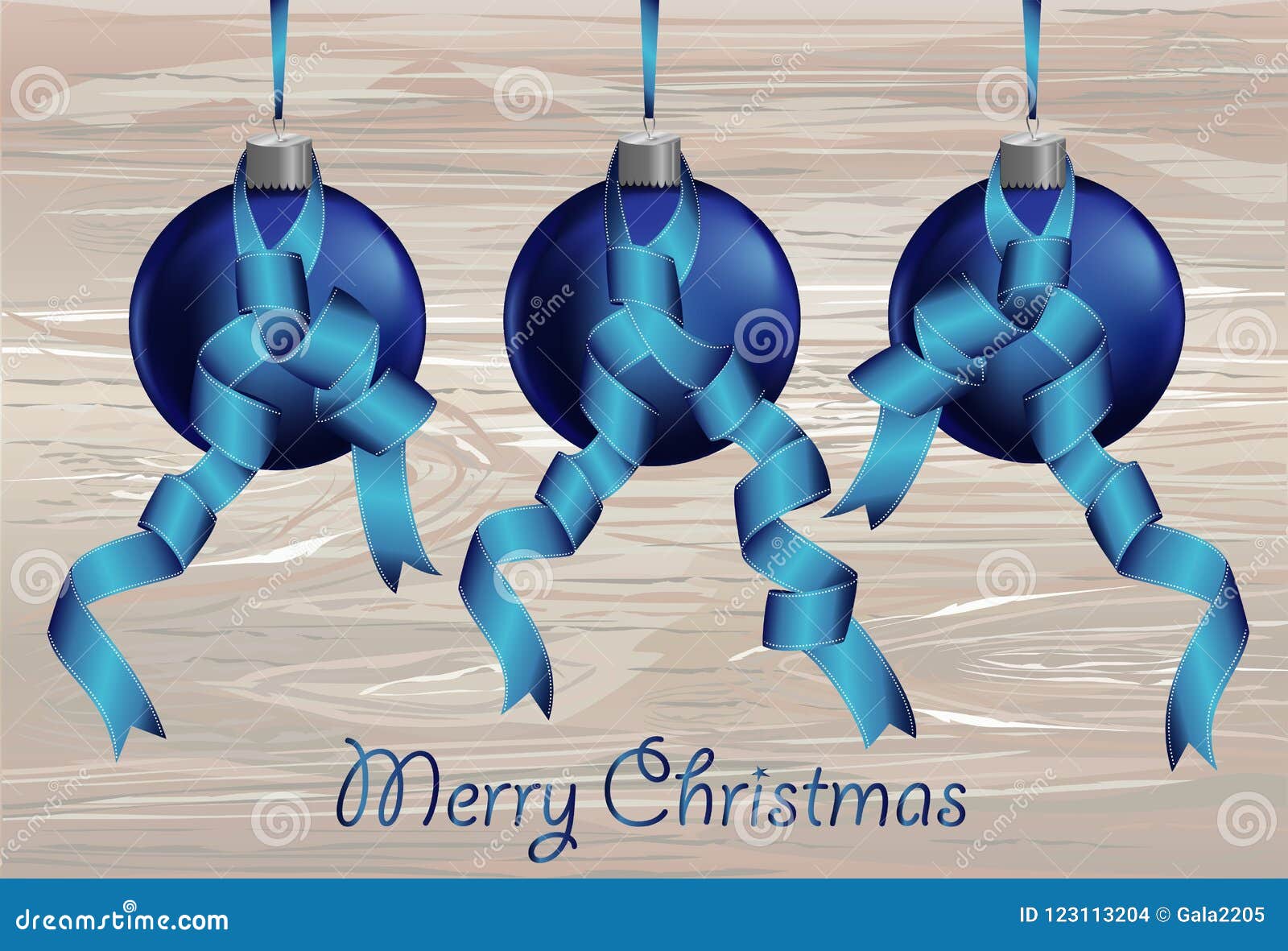 Three Merry Christmas Blue Balls with Ribbons. Banner with Copy Stock ...